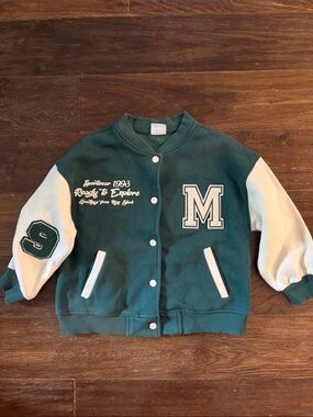 Zara Green and White Varsity Jacket Sweatshirt